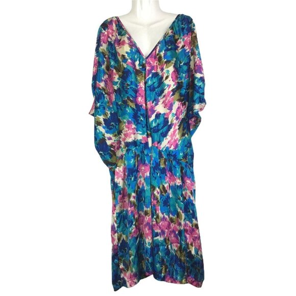 Te Amo Womens 24 Kaftan Dress Deep VNeck Full Back Zip Flutter Sleeve Blue Pink - Picture 1 of 11